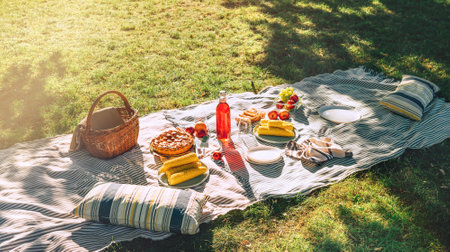 Picnic blanket with boiled corn, fruits, just backed pie, a bottle of juice, basket still life in the city summer park. No people.の写真素材