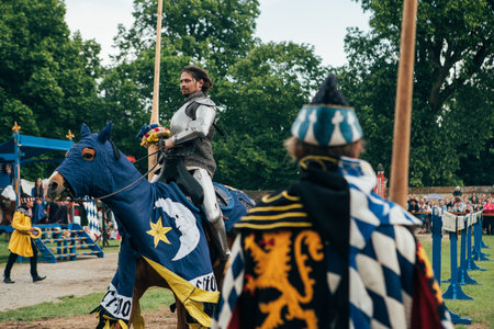 ÄervenÃ½ KameÅ Castle, Slovakia - May 25, 2024: People in medieval attires historical reenactment event. Reconstructions provide valuable insights into daily life, past eras traditions in Slovakia.のeditorial素材