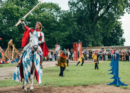 ÄervenÃ½ KameÅ Castle, Slovakia - May 25, 2024: People in medieval attires historical reenactment event. Reconstructions provide valuable insights into daily life, past eras traditions in Slovakia.のeditorial素材