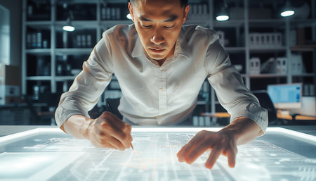 Portrait of architecture design bureau employee carefully creating new house plan drawing on big modern graphic tablet in company office. Architecture, hard work, technology and art people conceptの素材