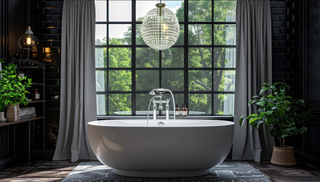 Luxurious bathroom in dark colours style. Luxury interior bathroom classic Retro bathtub shape next to big window. Modern home design, realty estate selling or renting, personal body care.の素材