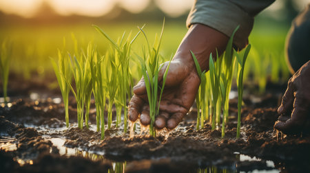 Man's hands with green rice shoots with roots planting in very wet soil with traditional Thai way close-up image. Agriculture industry, food industry, working people concept image.の素材