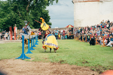 ÄervenÃ½ KameÅ Castle, Slovakia - May 25, 2024: People in medieval attires historical reenactment event. Reconstructions provide valuable insights into daily life, past eras traditions in Slovakia.のeditorial素材