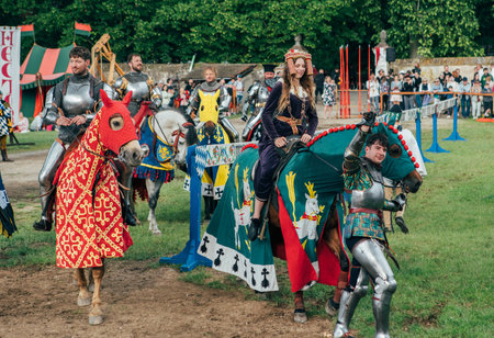 ÄervenÃ½ KameÅ Castle, Slovakia - May 25, 2024: People in medieval attires historical reenactment event. Reconstructions provide valuable insights into daily life, past eras traditions in Slovakia.のeditorial素材