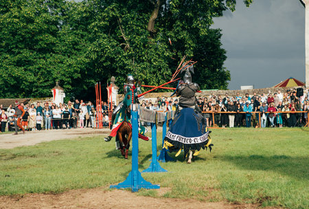 ÄervenÃ½ KameÅ Castle, Slovakia - May 25, 2024: People in medieval attires historical reenactment event. Reconstructions provide valuable insights into daily life, past eras traditions in Slovakia.のeditorial素材