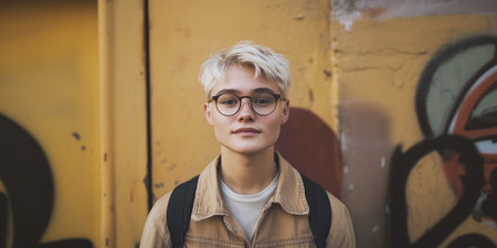 Effeminate man with strong features, short bleached hair, slight smile, wearing eyeglasses. Minimalist urban background with graffiti enhances focus on personal. Style blends softness with confidence.の素材
