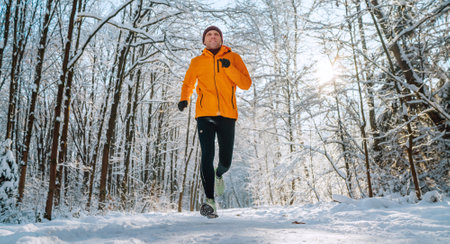 Middle-aged smiling trail runner man dressed bright orange windproof jacket endurance fast running picturesque snowy forest during sunny frosty day. Sporty active people and winter training image.の写真素材