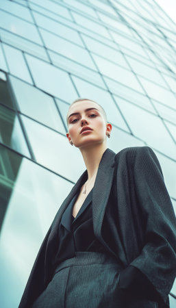 Young woman embraces gender identity, exuding masculine energy with confident pose in front of modern building. Stylish androgynous clothing, tailored jacket, fitted trousers, shorの素材