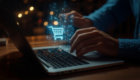 Close-up shot of man hands interacting high tech laptop doing online shopping. Fingers touching glowing keyboard on wooden desk. High-tech concept in futuristic vibe.の素材
