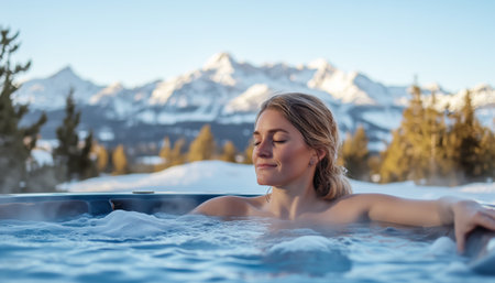 Serene scene with relaxed woman in outdoor hot tub with steam rising. Resort surrounded by snow-covered mountain peaks under clear blue sky. Sunlight adds glow, creating tranquil, luxurious atmosphereの素材