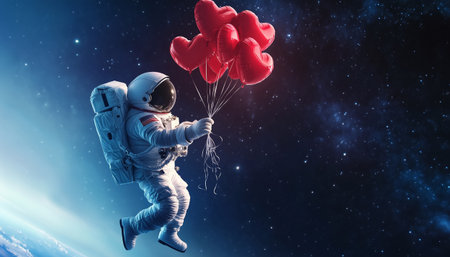Astronaut holding big bouquet heart-shaped balloons floating in space with Earth visible in background, symbolizing love across cosmos. Love day, Valentines day celebration, space exploration conceptの素材