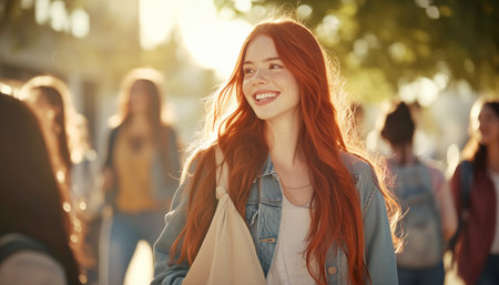 Cheerful young woman with long red hair walks outdoors with friends. Light denim jacket, canvas tote bag over shoulder. Friends walk in background, urban backdrop with leafy trees evoking youthful joyの素材