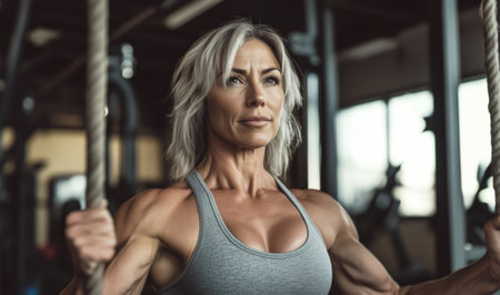 Portrait of muscular middle-aged grey-haired woman in sexy shirt in her 40s resting between exercises in modern fitness center. Active lifestyle, passion for sports, and health care concept imageの素材