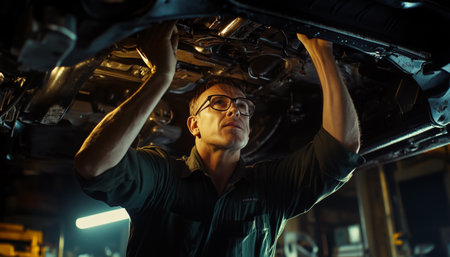 Mechanic works under vehicle wearing protective glasses hands reaching up to inspect car's underside. Low angle captures focus and intricate car parts above. Soft workshop lighting highlights faceの素材