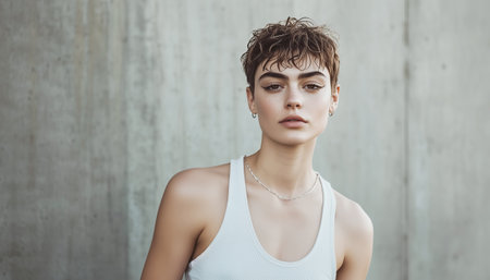 Portrait of nonbinary person or masculine energy young woman with confident pose, short hair, urban background, strong posture, and self-assured expressionの素材