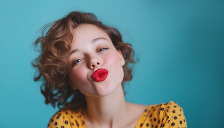 Playful young woman pursing vibrant red lipstick lips for kiss. Studio shot of beauty, charm, confidence with elegant simplicity in modern portrait style Beautiful women, Valentine's day concept photoの素材