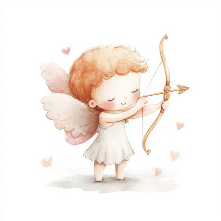 Minimalist watercolor illustration of Cupid holding bow and arrow, painted in soft pastel colors. White space surrounds character enhancing delicate details and creating serene, artistic compositionの素材