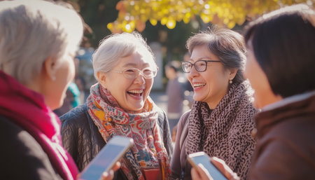 Group of happy women laughing together, gathered in circle outdoors. Bright sunny light creates cheerful warm atmosphere, capturing joy and connection of moment. People relations end longevity conceptの素材