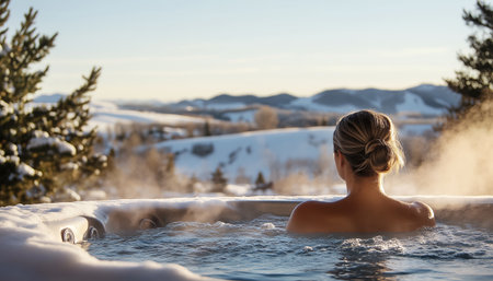 Serene scene with relaxed woman in outdoor hot tub with steam rising. Resort surrounded by snow-covered mountain peaks under clear blue sky. Sunlight adds glow, creating tranquil, luxurious atmosphereの素材