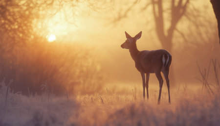 Majestic deer cow female standing in snow-covered frosty forest during sunrise. Soft light highlights fur, warm sun glow contrasts cool misty background. Animals in Wild, Beauty in Nature concept.の素材