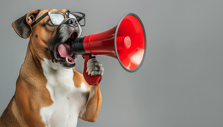 Boxer dog with funny glasses holds megaphone in paw, screaming into it. Light grey background, studio shot captures playful, energetic mood with clear focus on dogâs expressive face and detailed fur.の素材