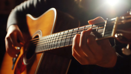 Close-up of hands playing acoustic guitar with focus on strings. Warm light enhances cozy atmosphere highlighting craftsmanship, musical passion. Image reflects love for music and creative expressionの素材