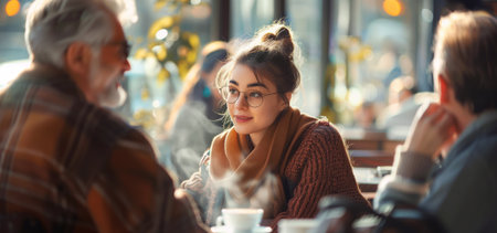 Vibrant Gathering Friends Unite in heart of old City for Coffee and Connection. Three person have conversation while having morning espresso in cozy coffee shop. Friendship values and emotions conceptの素材
