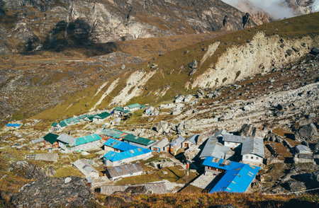 Himalaya valley settlement on Mera peak climbing route. Khare village, Makalu Barun National Park trek in Nepal.の写真素材