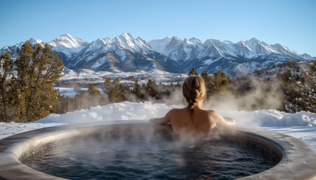 Serene scene with relaxed woman in outdoor hot tub with steam rising. Resort surrounded by snow-covered mountain peaks under clear blue sky. Sunlight adds glow, creating tranquil, luxurious atmosphereの素材