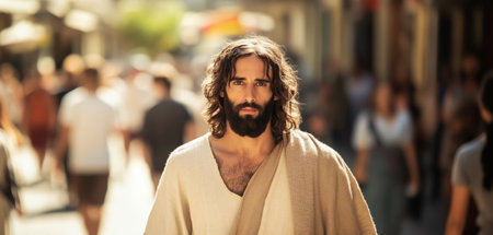 Unnoticed Jesus on busy street among modern people walking past. Jesus looks directly in camera wearing traditional robes. Urban environment creates contrast between spirituality and daily lifeの素材