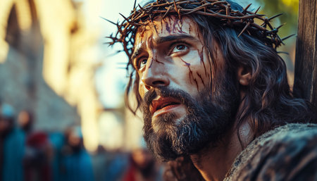 Portrait of Jesus Christ carrying cross wearing crown of thorns. Expression reflects suffering and humility, with detailed features captured in high resolution. Image emphasizes physical suffering.の素材