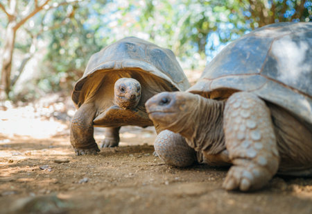 Couple of Aldabra giant tortoises endemic species - one of the largest tortoises in the world in zoo Nature park on Mauritius island. Huge reptiles portrait. Exotic animals, and traveling conceptの写真素材