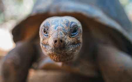 Portrait of Aldabra giant tortoise endemic species - one of the largest tortoises in the world in the zoo nature park on Mauritius island. Huge reptile portrait. Exotic animals and traveling concept.の写真素材
