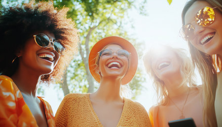 Joyful gathering of diverse women sharing laughter and connection outdoors. Vibrant unity and happiness radiate in this multiethnic group celebrating friendship and togetherness in sunny city parkの素材