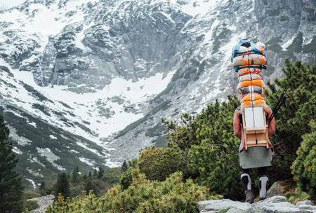 Strong man working as porter carrying huge cargo with traditional method for High Tatry region for altitude Mountain huts cargo provision delivery. Nature, transportation or goods delivery concept.の写真素材
