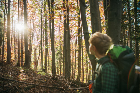 Teen boy backpacker walking in mountain forest in Mala Fatra, Slovakia enjoying sunny rays. Active teenager embracing adventure and outdoor exploration, perfect for family activities and nature loversの写真素材
