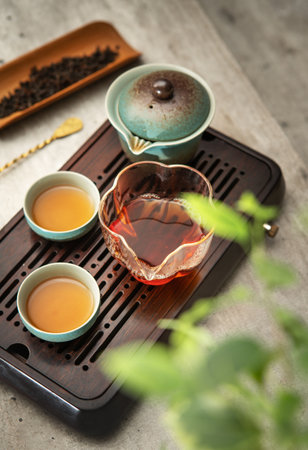Still life photo of ceramic Gaiwan, clear glass pitcher, tea cups with fresh brewed dark oolong tea on tray in ceremony room. Soft light evoking calming mindful tradition Chinese atmosphere.の写真素材