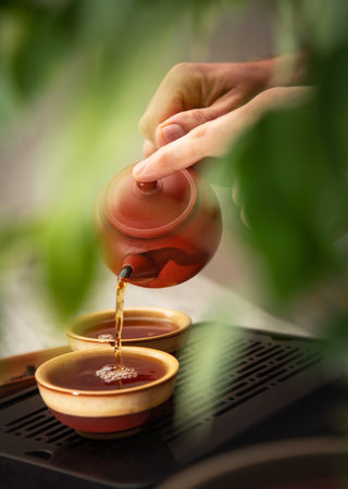 Female hands pouring tea from yixing clay teapot into ceramic tea cups, creating serene tea ritual. Soft light, wooden tea tray and greenery evoke calming mindful ceremony atmosphere.の写真素材