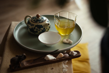 Still life photo of patterned clay teapot, clear glass pitcher, tea cup with fresh brewed oolong tea on tray in ceremony room. Soft light, wooden tea tray evoke calming mindful atmosphere.の写真素材
