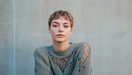 Portrait of beautiful young woman with confident pose, short hair, stylish knited sweater with holes, strong posture, and self-assured expressionの素材