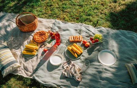 Picnic blanket with boiled corn, fruits, just backed pie, a bottle of juice, basket still life in the city summer park. No people.の写真素材