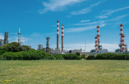 Refinery plant surrounded by green grass lawn under blue sky. Utilities, gas, oil, energy, industry,...