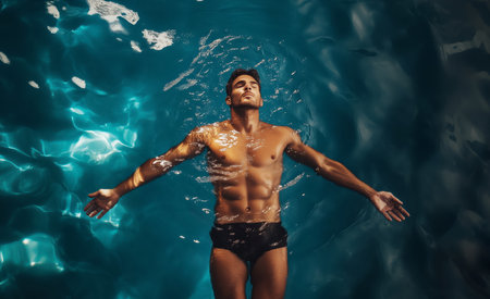 Top view close-up of muscular man torso, man swimming in pool water surface, water droplets on tanned skin, summer lifestyle, fitness, relaxation, wellness, outdoor activity, leisure conceptの素材
