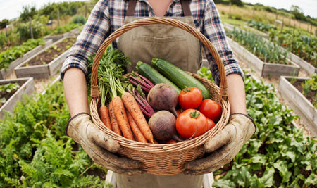 Farmer holding basket of fresh organic vegetables in garden. Close up of hands harvesting carrots, tomatoes and beets. Sustainable local farming and healthy food concept for rural lifestyle.の素材