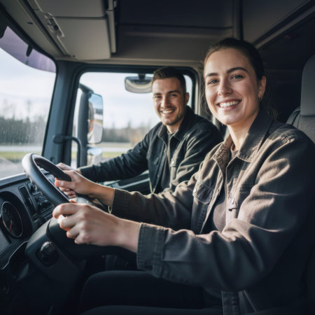 Smiling young woman truck delivery driver and male co-driver sitting in cabin of commercial vehicle. Professional logistics team in uniform during freight transportation and shipping delivery.の素材