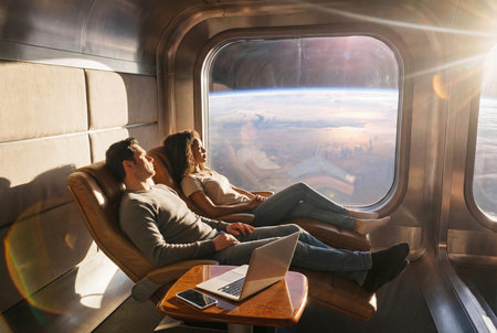 Man and woman traveling in space during futuristic space tourism tour. Couple relaxing in luxury spaceship cabin, looking at Earth through window. Space flight and interstellar travel concept.の素材