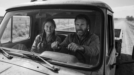 Middle aged couple of farmers sitting in cabin of old American pickup truck on rural road. Man and woman in workwear during harvest season. Vintage 80s style farming and countryside lifestyle.の素材