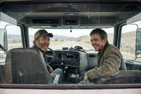 Two professional road and forest workers smiling in cabin of old American pickup truck. Colleagues in workwear during service shift on rural road. Maintenance and industrial labor concept.の素材