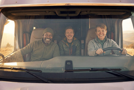 Three diverse professional truck drivers smiling in cabin of commercial vehicle. Multiethnic team of colleagues in uniform working in logistics, freight transportation and long haul delivery.の素材
