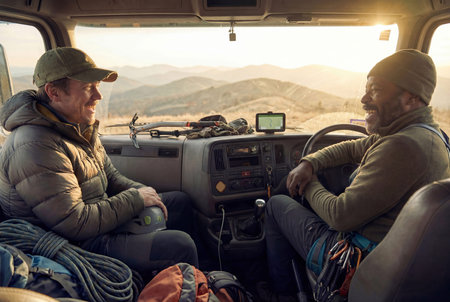 Two cheerful climbers laughing in truck cabin after arriving at climbing spot. Happy mates in outdoor gear with climbing ropes and equipment. Adventure and extreme mountain sports concept.の素材